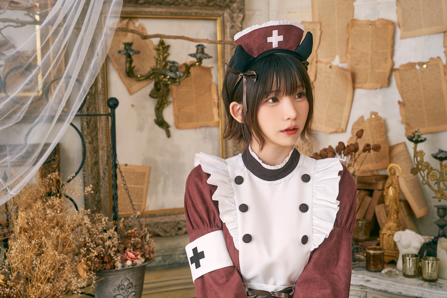 《えなこちゃん着用》コスプレ ハロウィン 悪魔 ナース ダスティコンフィ デビルナース レディース フリーサイズ レッド【クリアストーン】♡