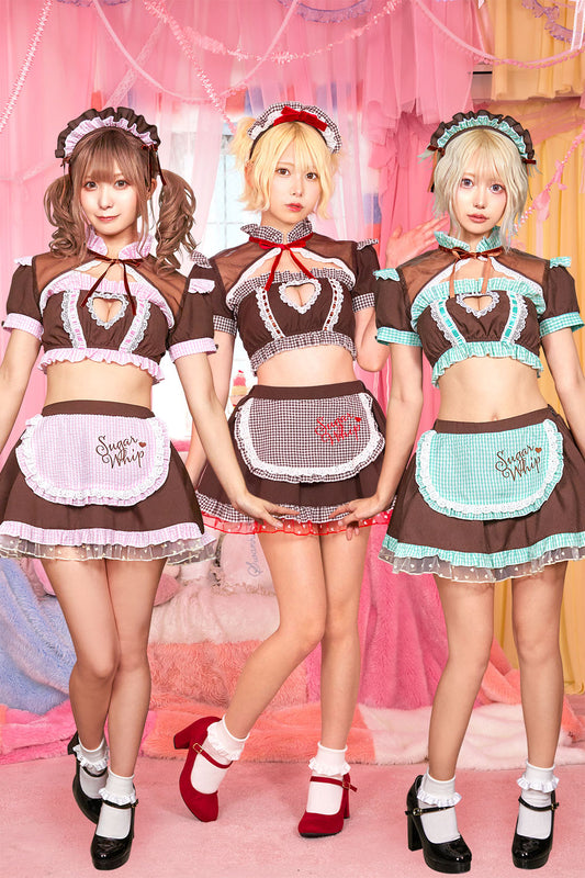 コスプレ メイド バレンタイン チョコ シュガーウィップ チョコレートメイド レディース フリーサイズ ブラウン/ミント/いちご ブラウン/グリーン/ピンク【クリアストーン】♡