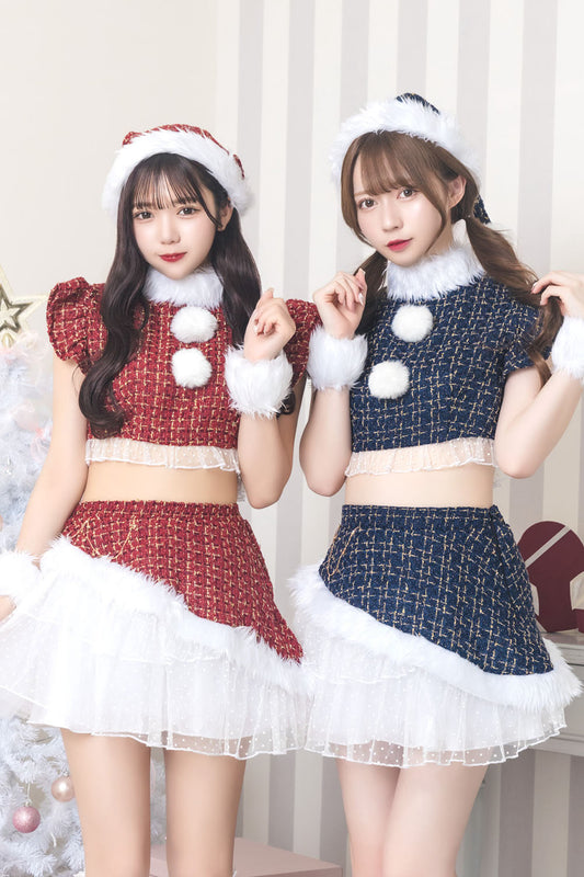 ※今期完売※[New]《JamsCollection着用》コスプレ サンタ クリスマス リリパレ ツイードサンタ レディース フリーサイズ レッド/ネイビー【クリアストーン】♡