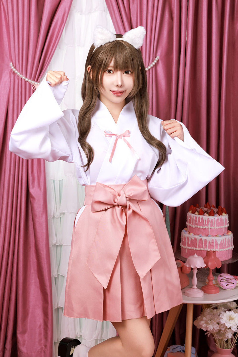 [New] コスプレ アニマル ねこ 巫女 マカロンキャット ピンク巫女 レディース ピンク【クリアストーン】♡