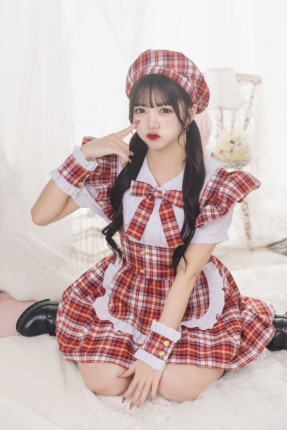 [再入荷]《JamsCollection着用》コスプレ リリパレ アイドルチェックメイド レディース フリーサイズ ネイビー/レッド 【クリアストーン】♡