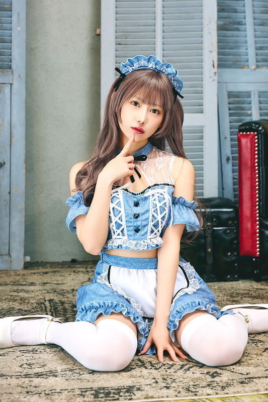 [New] コスプレ メイド シュガーウィップ デニムライクメイド レディース フリーサイズ ブルー【クリアストーン】♡